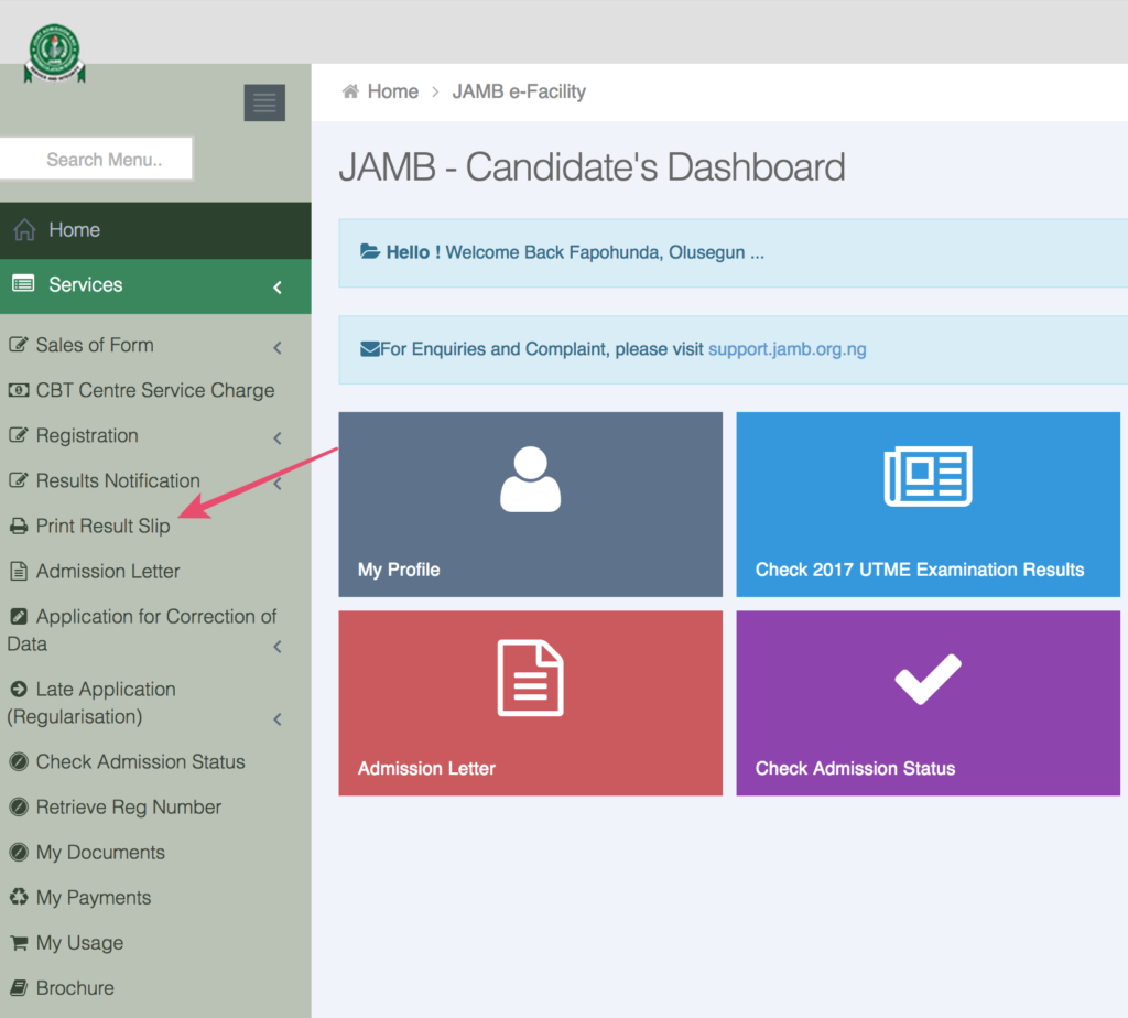 JAMB Original Result Slip